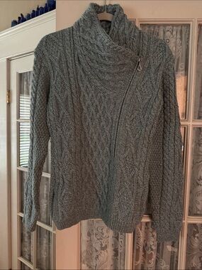 Women's Cable-Knit Asymmetric Zip Turtleneck Sweater - Aqua Color